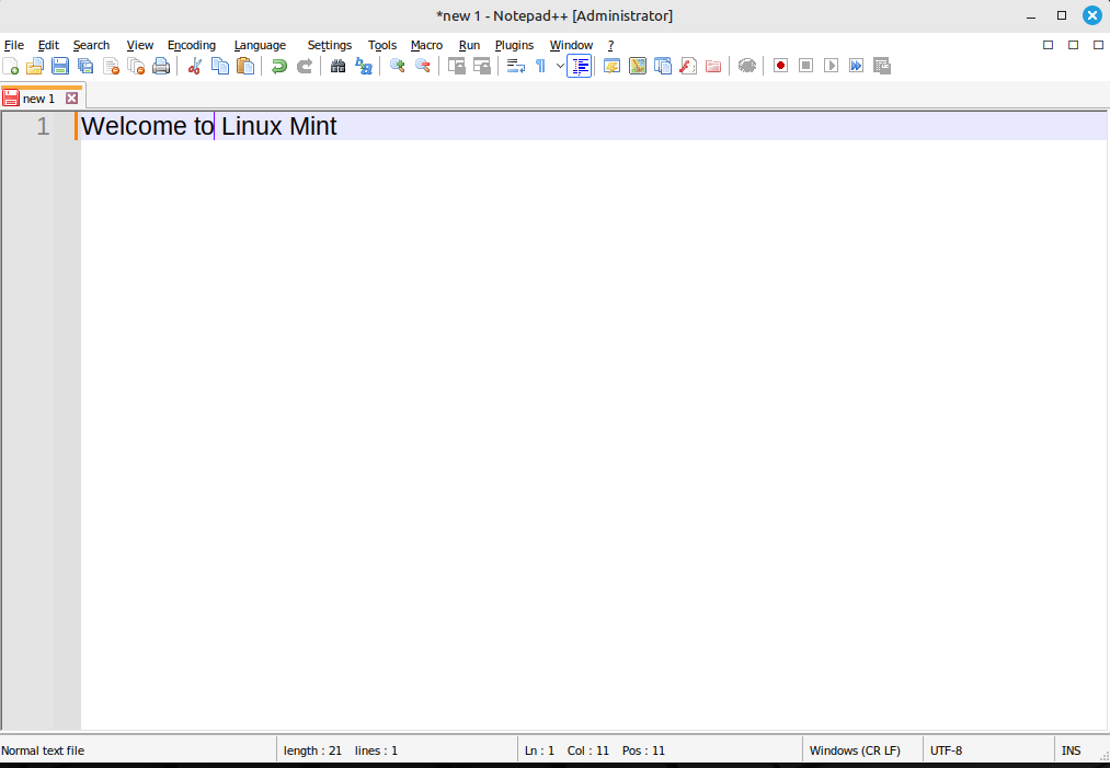 Home Screen of Notepad++ that is installed using Wine on Linux Mint