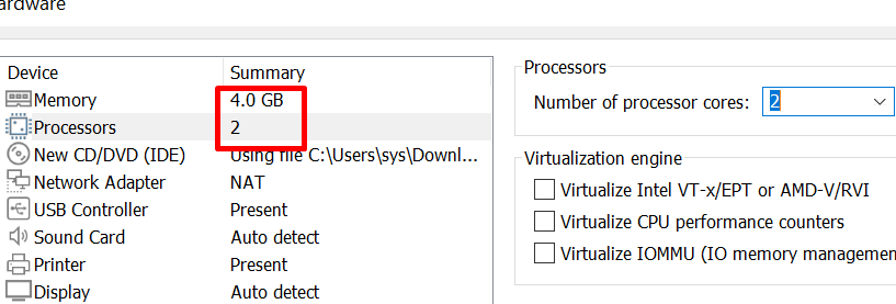 Give 4 GB memory and 2 processors ti new vm.