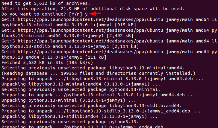 Press Y To Continue installing Python 3 in Ubuntu