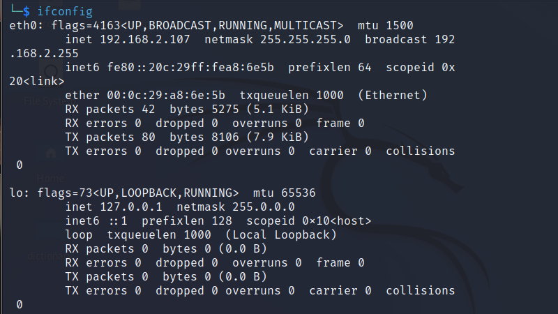 find IP address of Kali Linux along with info of currently running network interfaces