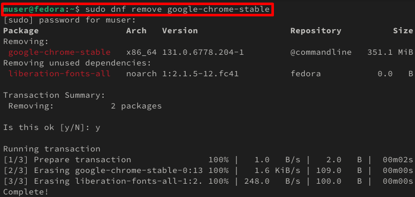 Uninstalling google chrome by using the above command.