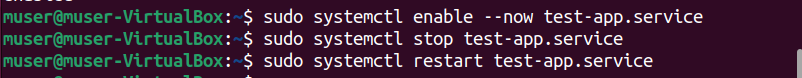 Executing commands to enable the service immediately, stop and restart the service resp.